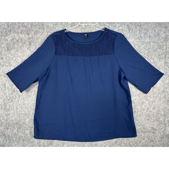 Emery Rose Size 2X Navy Blue Sheer Floral Lace Short Sleeve Top Career - Picture 1 of 6